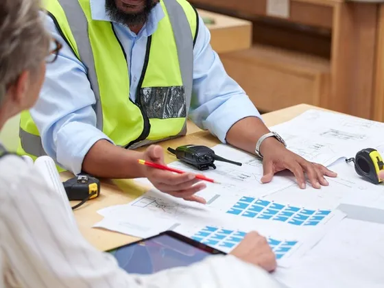 Technische Fachkräfte besprechen Ingenieurpläne – HB partners verbindet Unternehmen und Spezialisten
